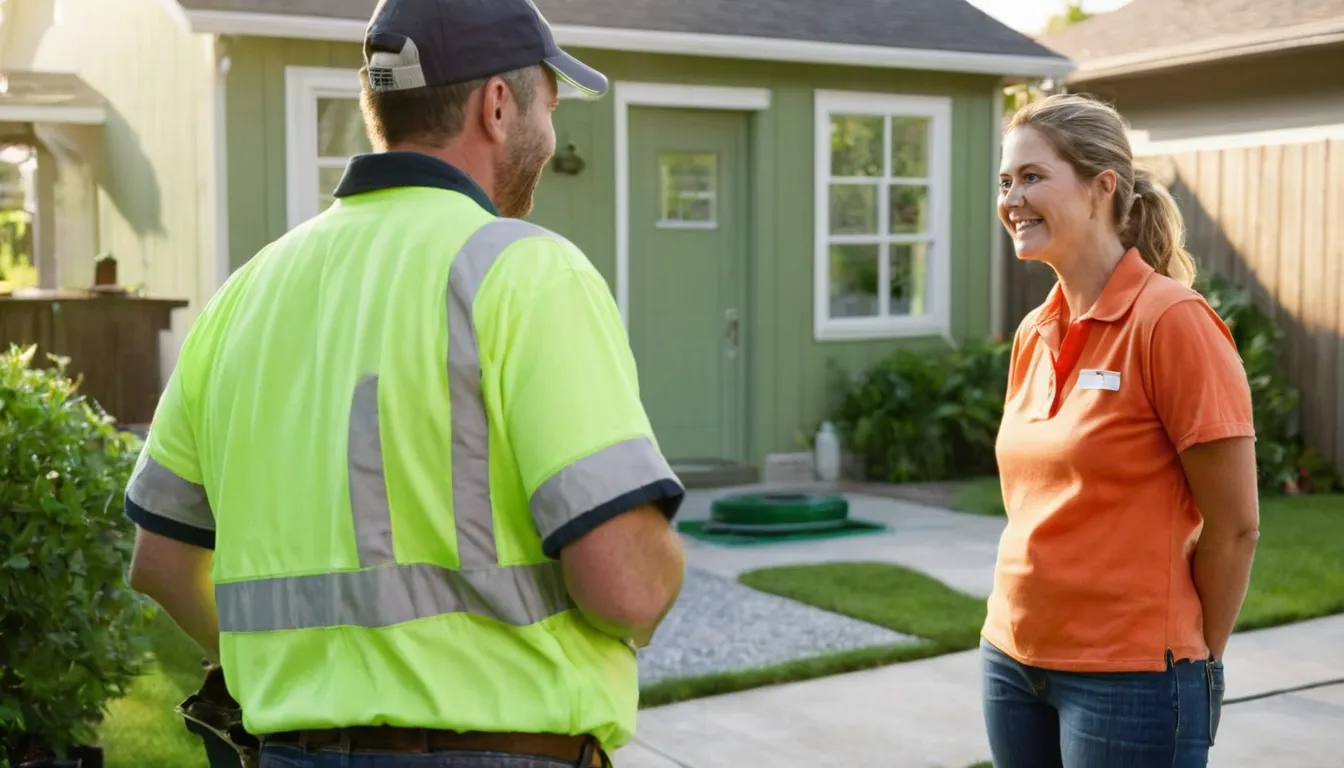 A friendly local provider talking with a homeowner beside a septic tank access lid in Credit River